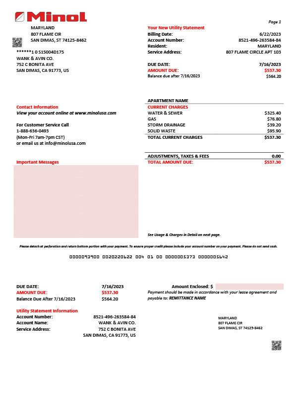USA Minol USA Editable Utility Business Bill Template in Word and PDF formats