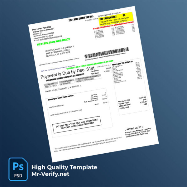 USA Missouri Andrew County Collector Editable Property Tax Bill Template in Word and PDF formats