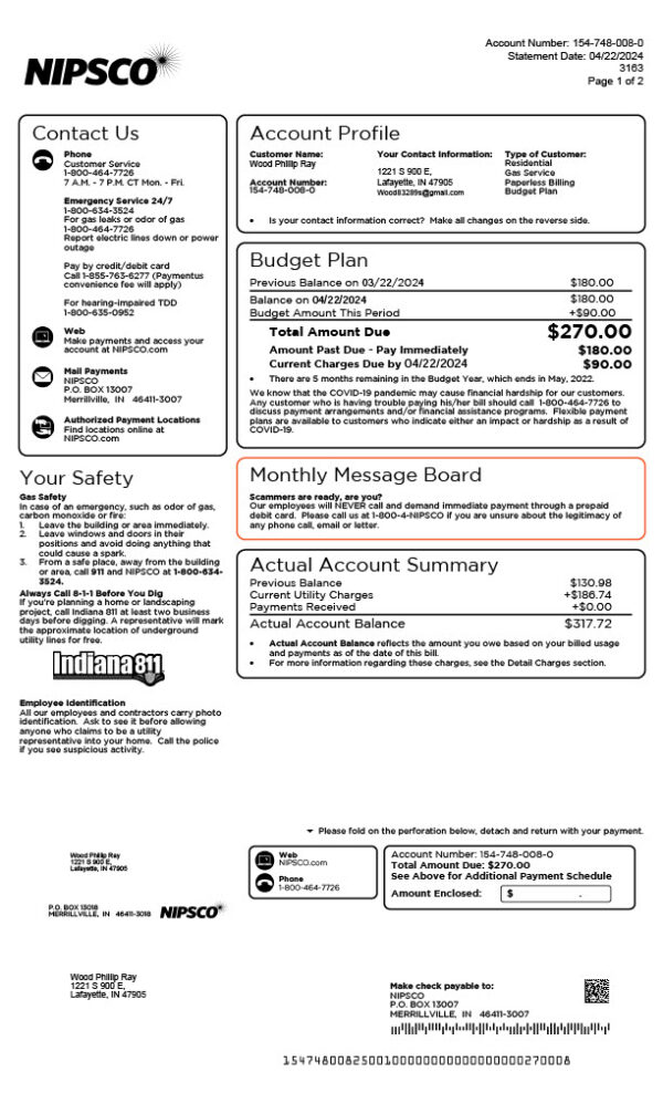 USA NIPSCO Editable Gas Bill Template in Word and PDF formats 2 page