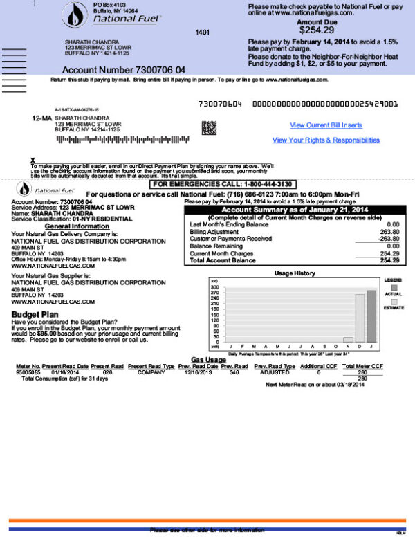USA National Fuel Gas Distribution Corporation Editable Gas Bill Template in Word and PDF formats 2 page