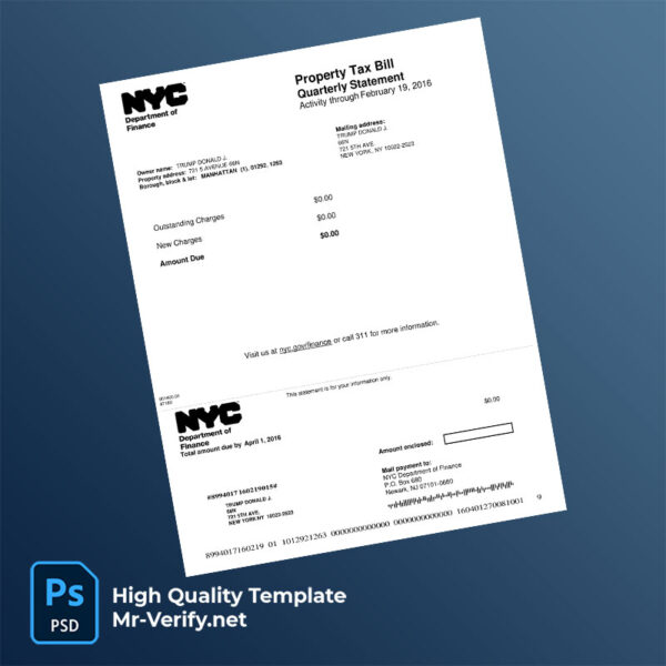 USA New York NYC Department Of Finance Editable Property Tax Bill Template in Word and PDF formats