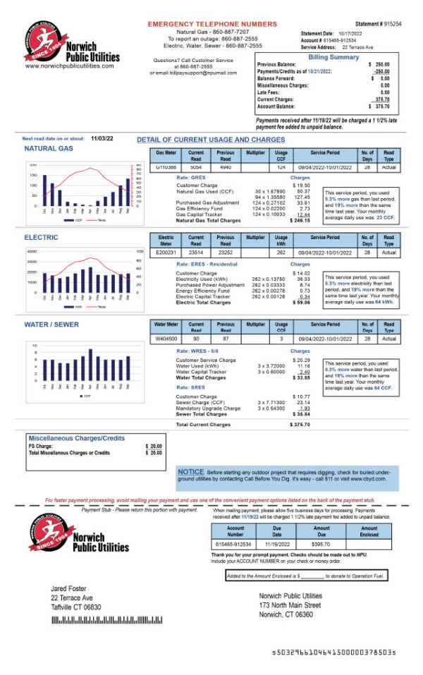 USA Norwich Public Utilities Editable Utility Bill Template in Word and PDF formats