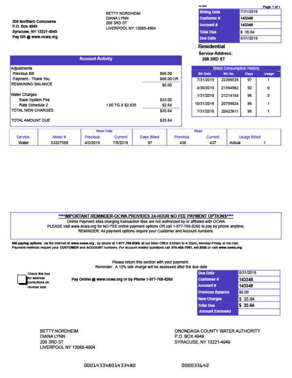 USA Onondaga County Water Authority Editable Water Bill Template in Word and PDF formats