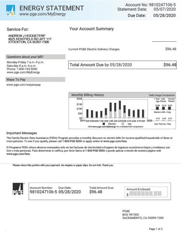 USA PG E Editable Electricity Bill Template in Word and PDF formats 2 page