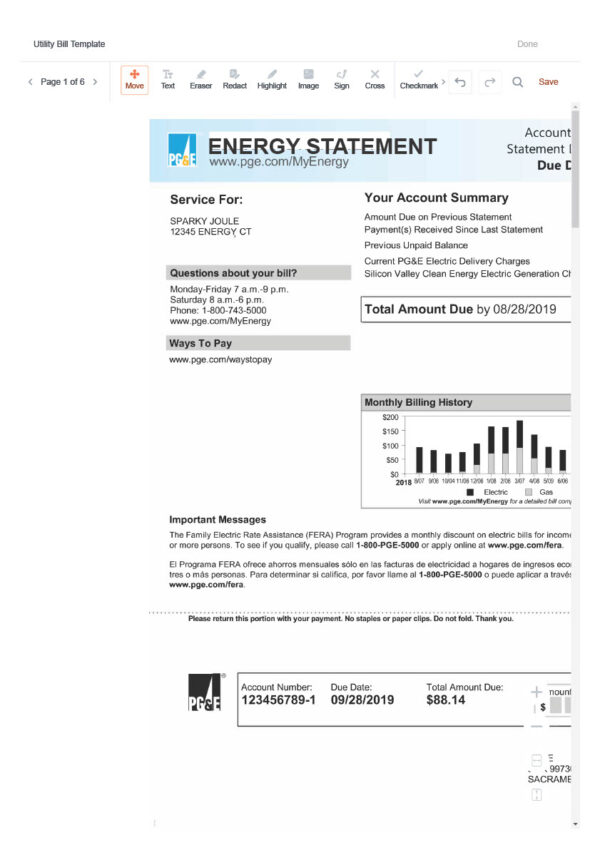 USA PG E Editable Energy Bill Template in Word and PDF formats