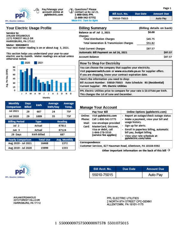 USA PPL Electric Utilities Editable Electric Bill Template in Word and PDF formats 4 page
