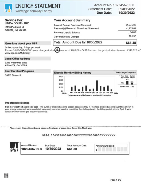 USA Pacific Gas And Electric Company Editable Energy Bill Template in Word and PDF formats 3 page