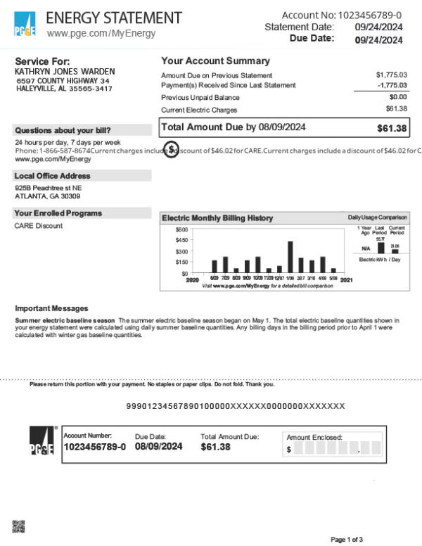 USA Pacific Gas And Electric Company Editable Energy Statement Template in Word and PDF formats 3 page
