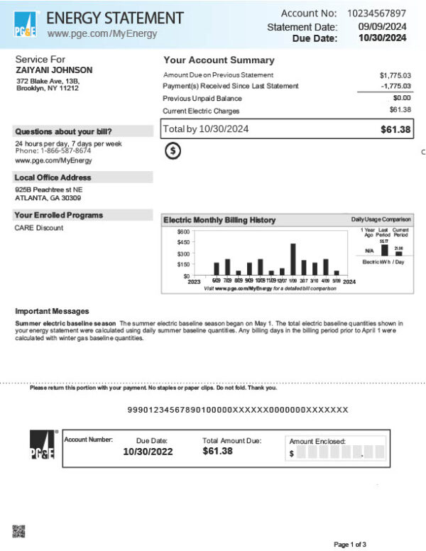 USA Pacific Gas And Electric Company Editable Energy Utility Bill Template in Word and PDF formats 3 page