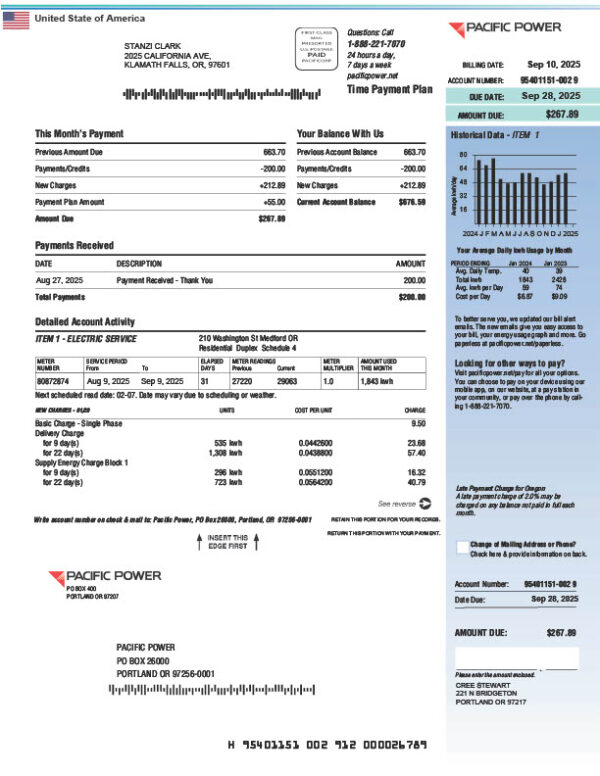 USA Pacific Power Editable Utility Bill Template in Word and PDF formats