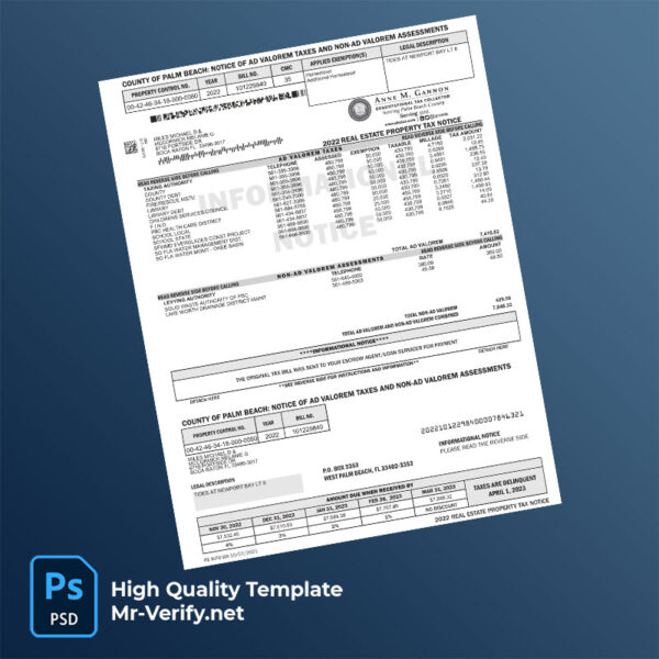 USA Palm Beach County Tax Collector Editable Property Tax Bill Template in Word and PDF formats