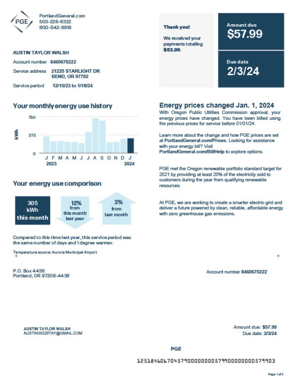 USA Portland General Electric Editable Utility Bill Template in Word and PDF formats 3 page