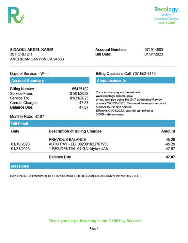 USA Recology Editable Utility Bill Template in Word and PDF formats