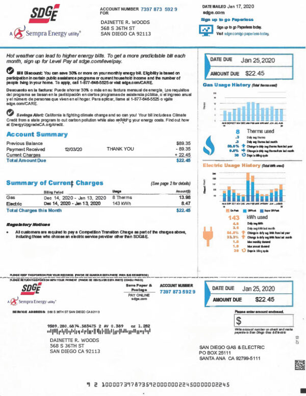 USA SDG E Editable Utility Bill Template in Word and PDF formats
