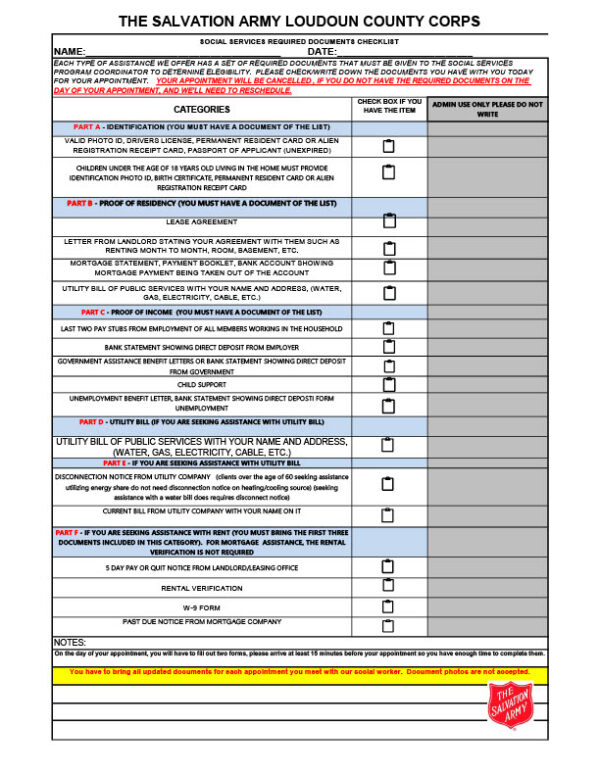 USA Salvation Army Loudoun County Corps Editable Documents Checklist Template in Word and PDF formats