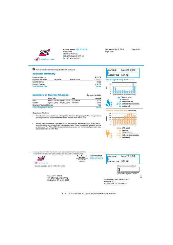 USA San Diego Gas Electric Editable Utility Bill Template in Word and PDF formats