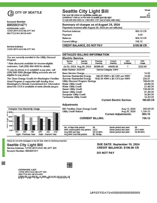 USA Seattle City Light Editable Electricity Bill Template in Word and PDF formats 2 page