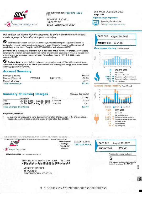 USA Sempra Energy Editable Utility Bill Template in Word and PDF formats