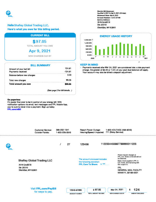 USA Shafiey Global Trading LLC Editable Utility Bill Template in Word and PDF formats 2 page