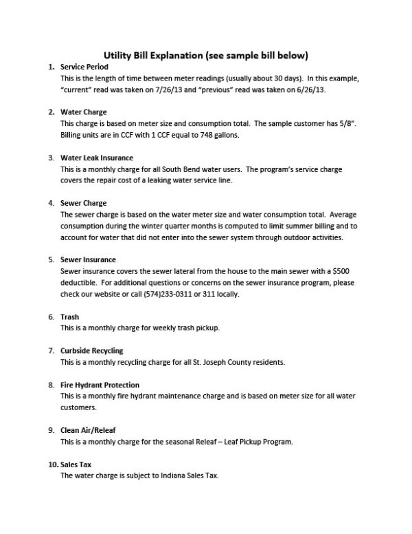 USA South Bend Water Works Editable Utility Bill Template in Word and PDF formats 2 page