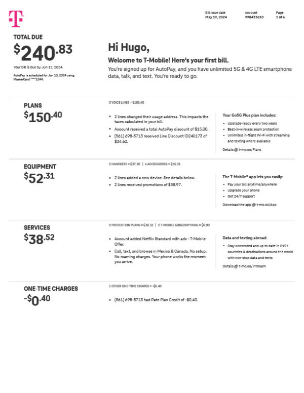 USA T Mobile Us Editable Summary Bill Template in Word and PDF formats 6 page