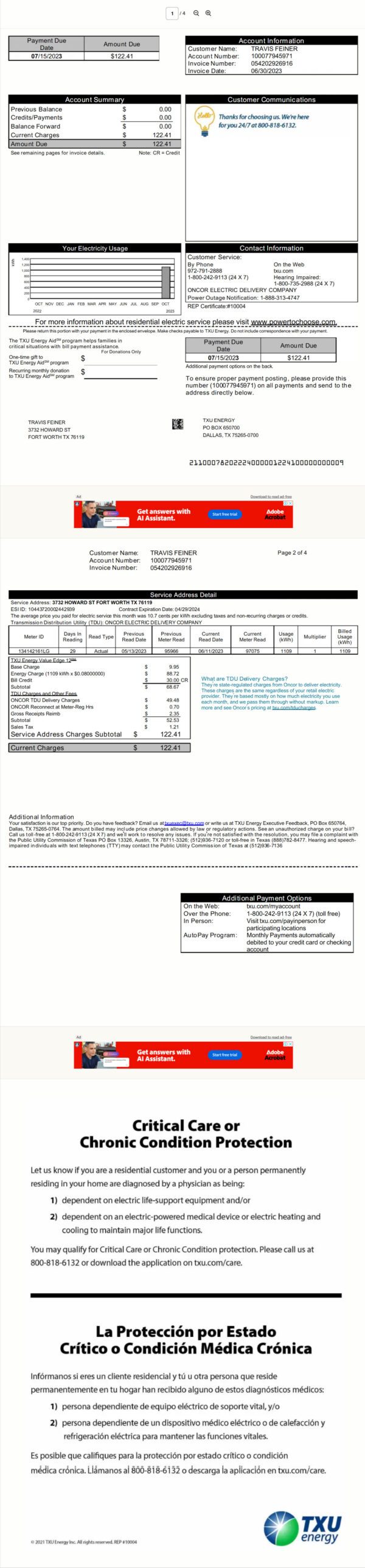 USA TXU Energy Editable Utility Bill Template in Word and PDF formats