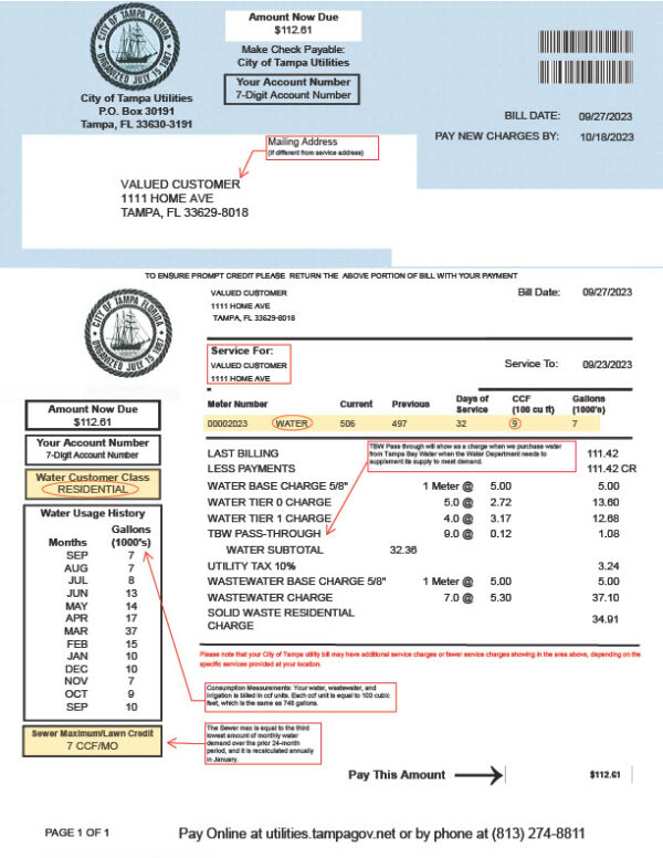 USA Tampa Bay Water Editable Water Bill Template in Word and PDF formats