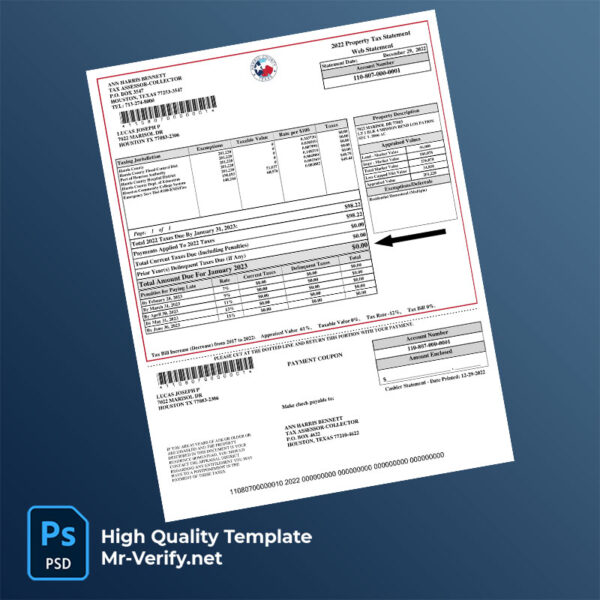 USA Texas Harris County Tax Assessor-Collector Editable Property Tax Bill Template in Word and PDF formats