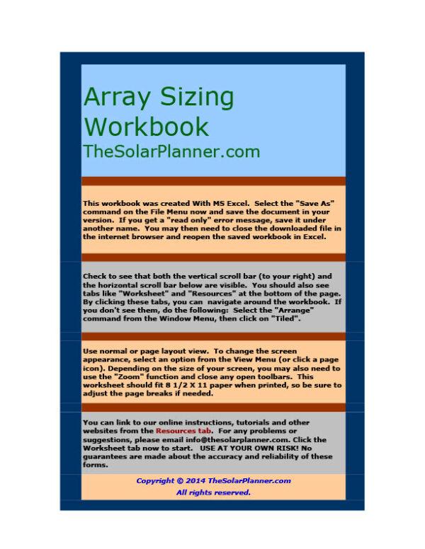 USA The Solar Planner Editable Array Sizing Workbook Template in Word and PDF formats 4 page