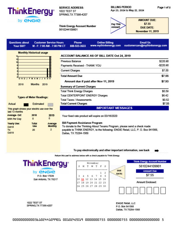 USA ThinkEnergy Editable Electricity Bill Template in Word and PDF formats 2 page
