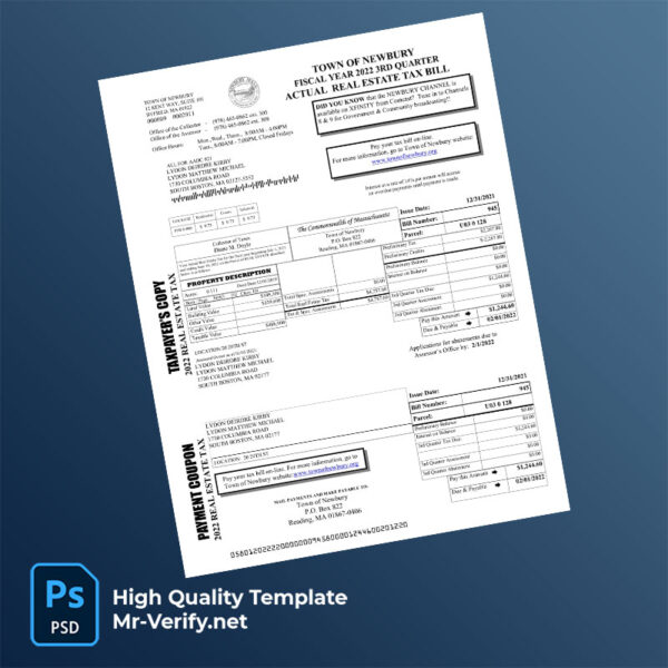 USA Town of Newbury Editable Property Tax Bill Template in Word and PDF formats