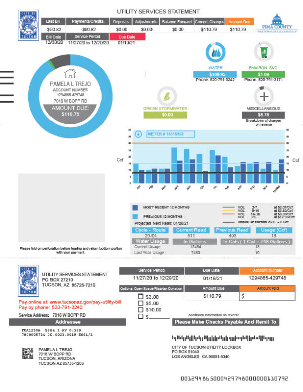 USA Tucson Water Editable Utility Services Statement Template in Word and PDF formats 2 page