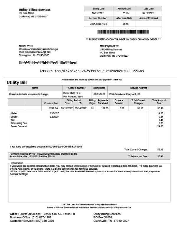 USA Utility Billing Services Editable Utility Bill Template in Word and PDF formats