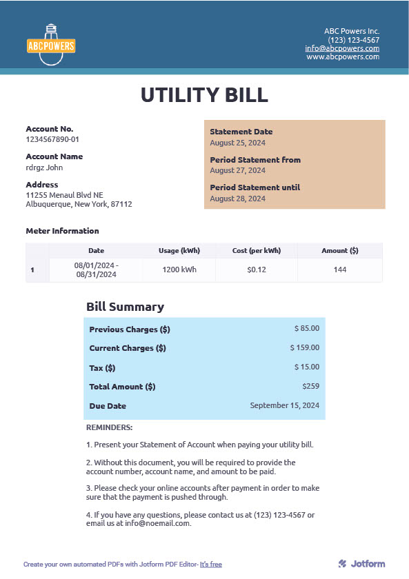 USA Utility Company Editable Utility Bill Template in Word and PDF formats