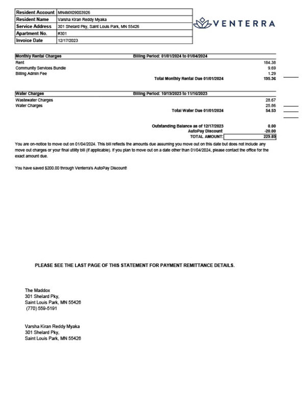 USA Venterra Realty Management Company Editable Water Bill Template in Word and PDF formats 2 page