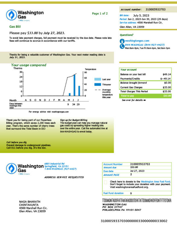 USA Washington Gas Editable Natural Gas Bill Template in Word and PDF formats 2 page