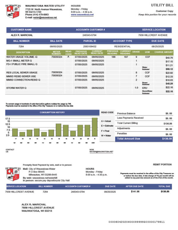 USA Wauwatosa Water Utility Editable Water Bill Template in Word and PDF formats