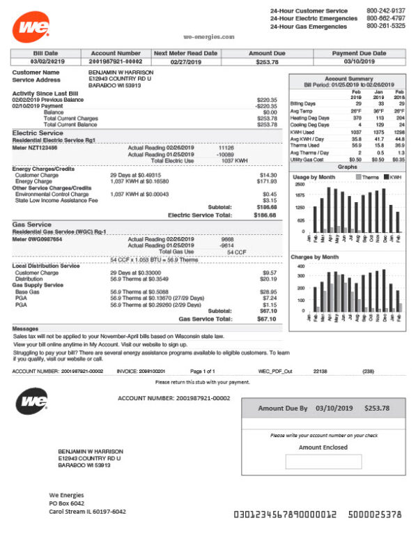 USA We Energies Editable Electricity Bill Template in Word and PDF formats