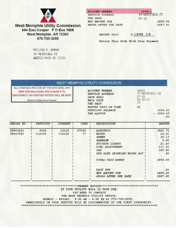 USA West Memphis Utility Commission Editable Utility Bill Template in Word and PDF formats