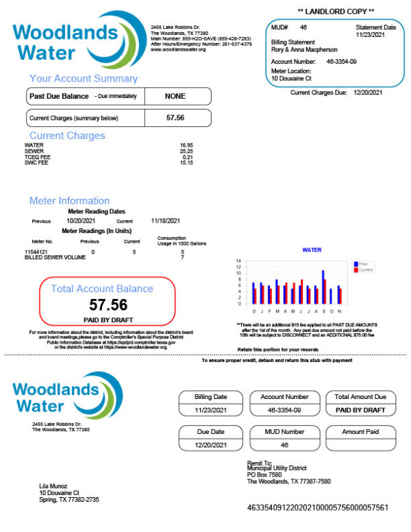 USA Woodlands Water Editable Water Bill Template in Word and PDF formats
