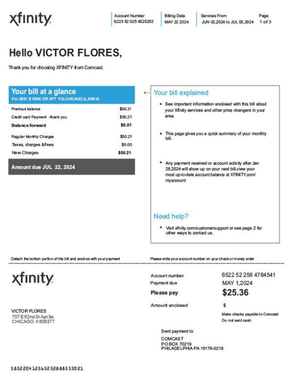 USA XFINITY Editable Utility Bill Template in Word and PDF formats