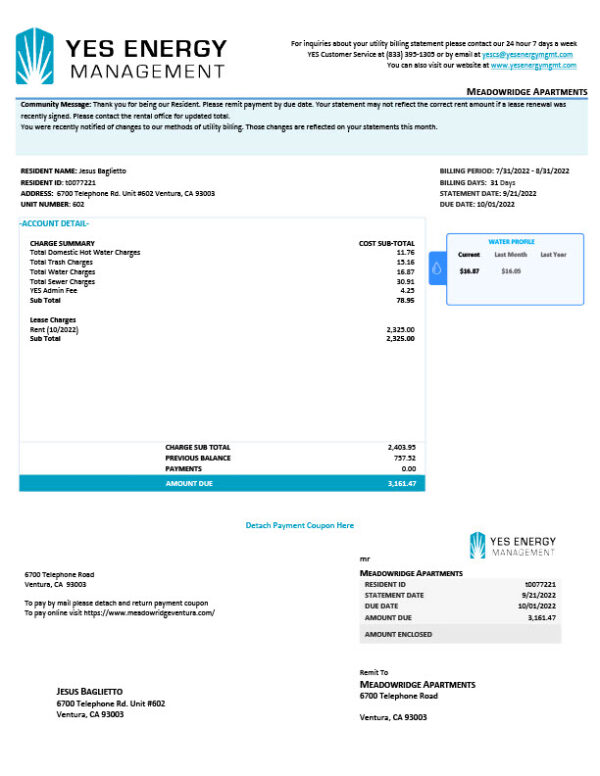 USA YES Energy Management Editable Utility Billing Statement Template in Word and PDF formats 2 page
