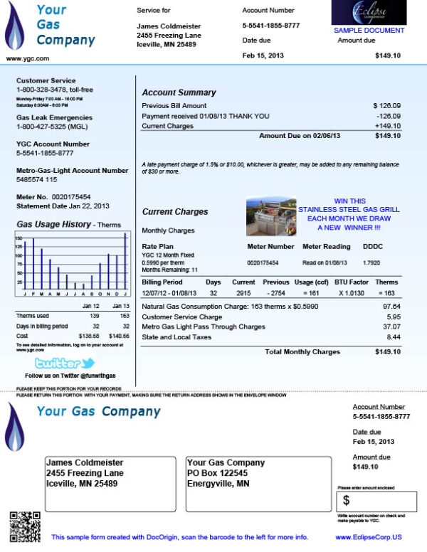 USA Your Gas Company Editable Gas Bill Template in Word and PDF formats