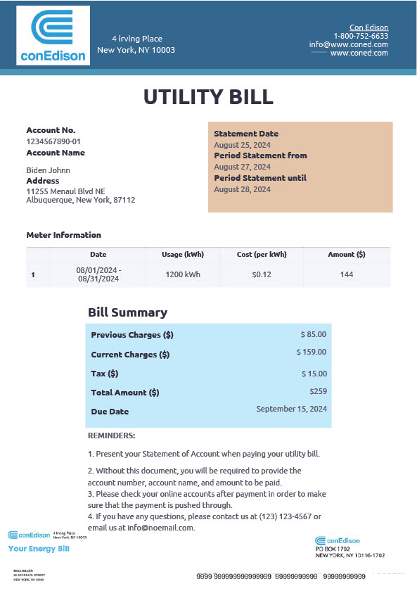 USA conEdison Editable Utility Bill Template in Word and PDF formats