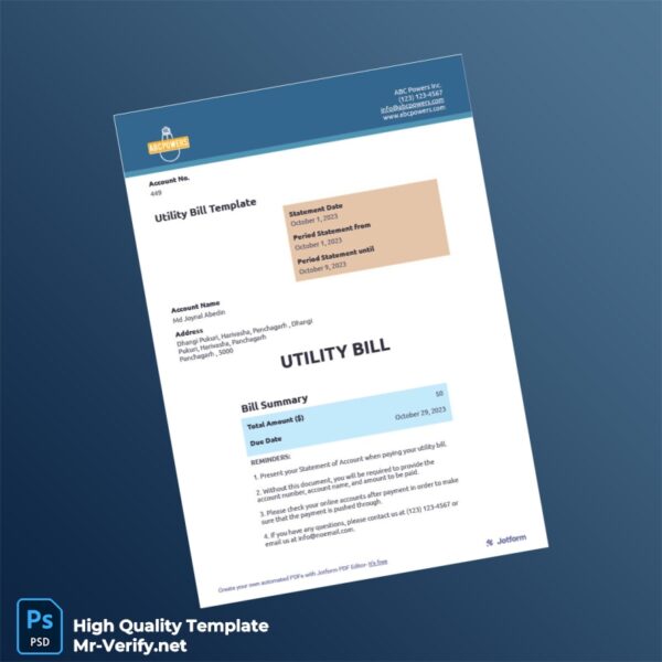 USA ABC Powers Inc Editable Utility Bill Template in Word and PDF formats