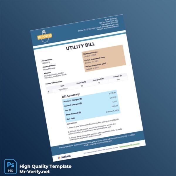 USA ACME Company Editable Utility Bill Template in Word and PDF formats 2 page