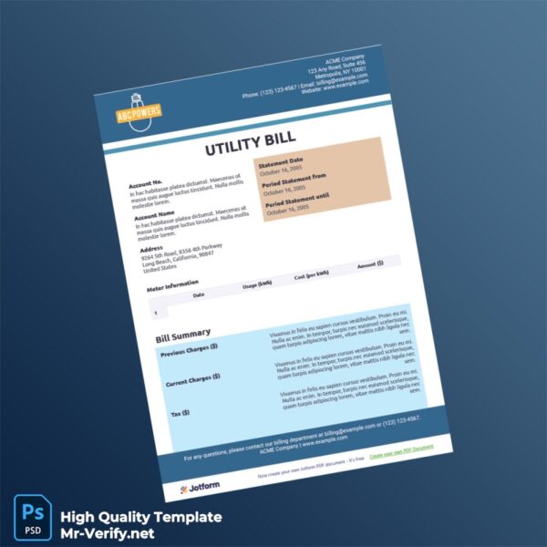 USA ACME Company Editable Utility Bill Template in Word and PDF formats 3 page