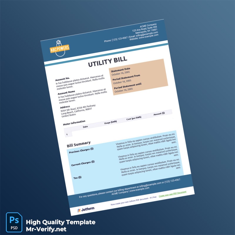 USA ACME Company Editable Utility Bill Template in Word and PDF formats 3 page USA ACME Company Editable Utility Bill Template in Word and PDF formats 3 page