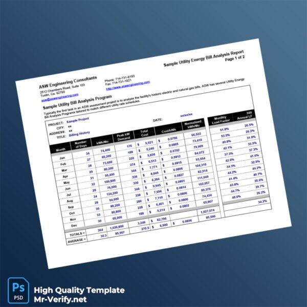 USA ASW Engineering Consultants Editable Utility Bill Analysis Template in Word and PDF formats 2 page