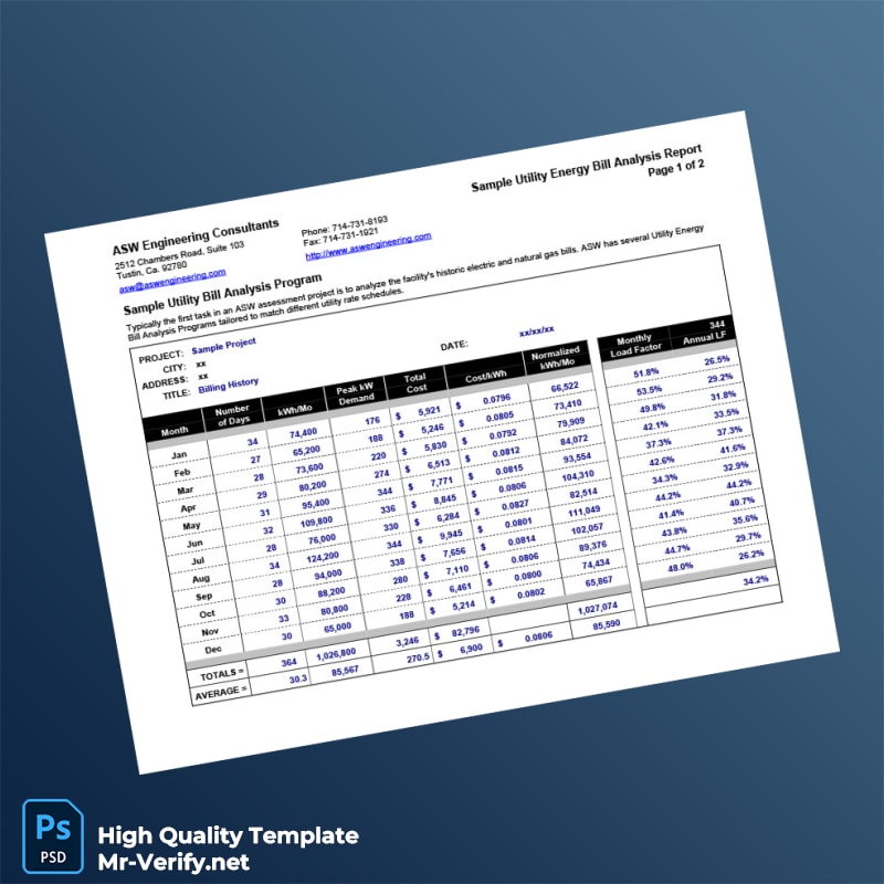 USA ASW Engineering Consultants Editable Utility Bill Analysis Template in Word and PDF formats 2 page USA ASW Engineering Consultants Editable Utility Bill Analysis Template in Word and PDF formats 2 page